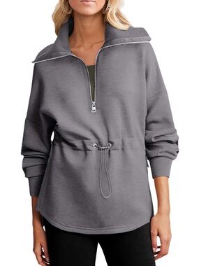 Grey Half-Zip Drawstring Pullover Top